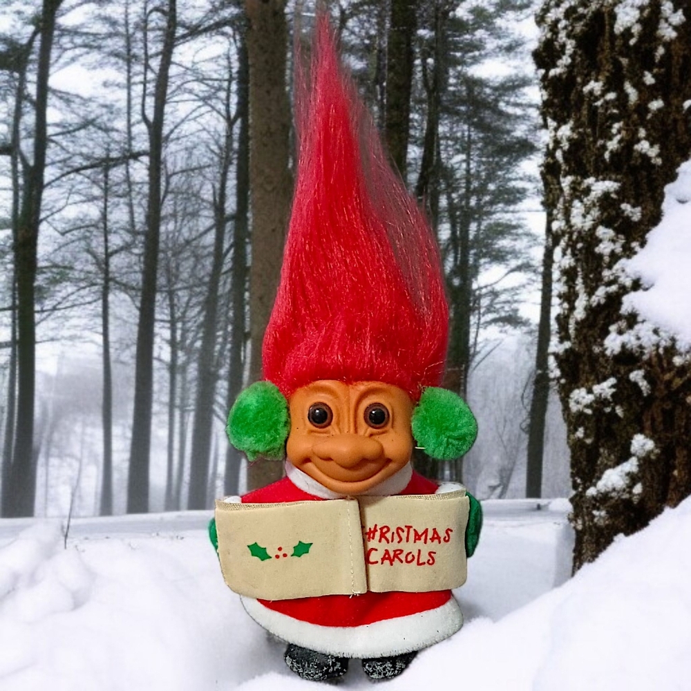 Vintage Russ Christmas Caroler‎ Troll Doll Red Hair 90s Ear Muffs Holiday Xmas